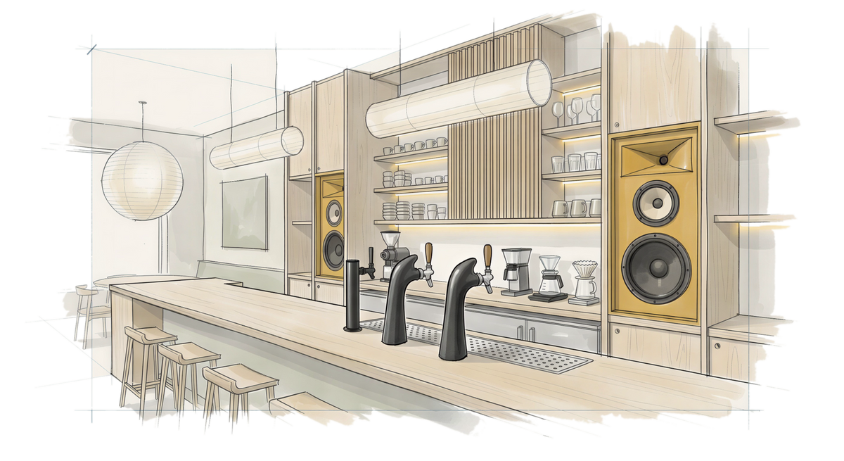 Concept sketch of the tone cafe and listening room: a long ash bar with undercounter espresso taps and large speakers built into the shelving behind.