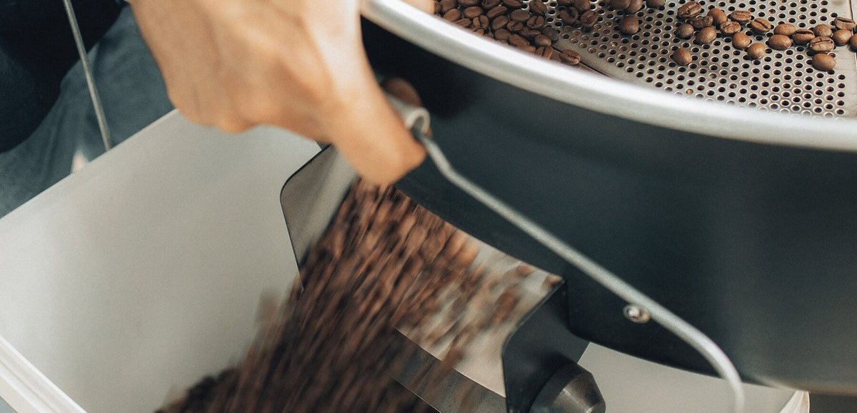 Hands drawing freshly roasted beans out of a roaster’s cooling tray.
